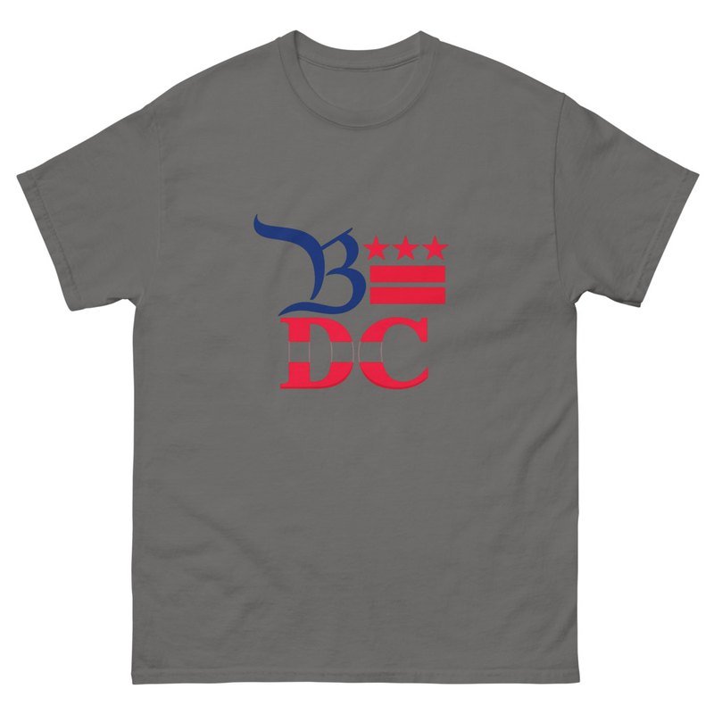 Dark heather B★DC classic tee with the flag-striped mark