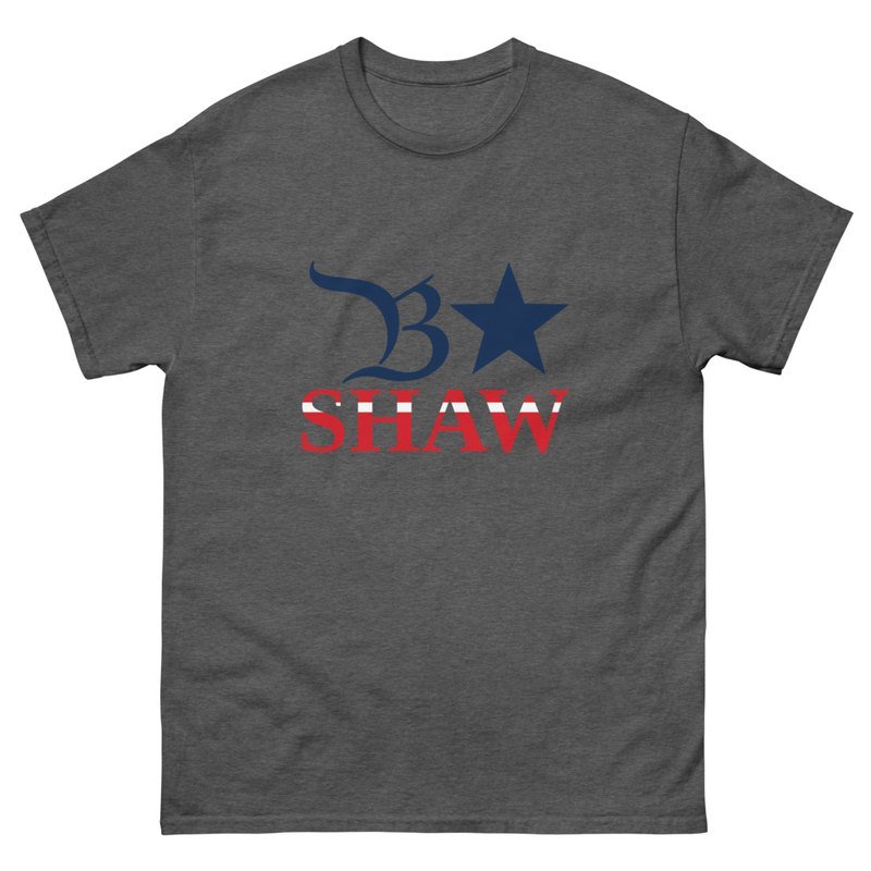 Dark heather tee reading B★SHAW